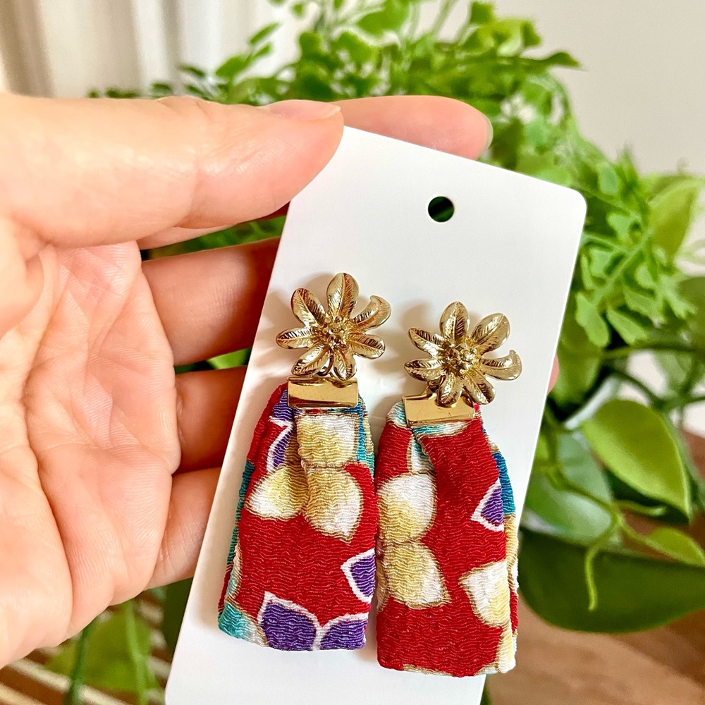 Handmade Red and Gold Kimono Floral Earrings